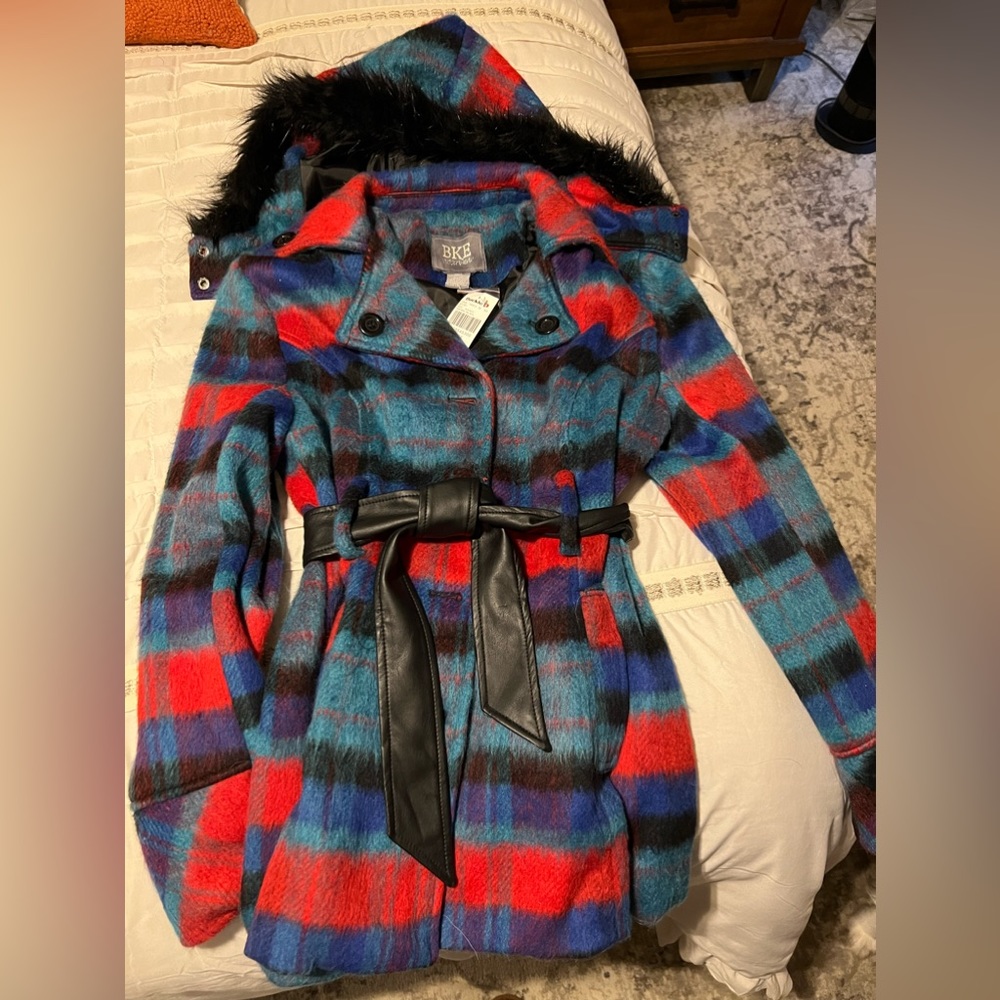 Brand New BKE multi colored coat with detachable hood